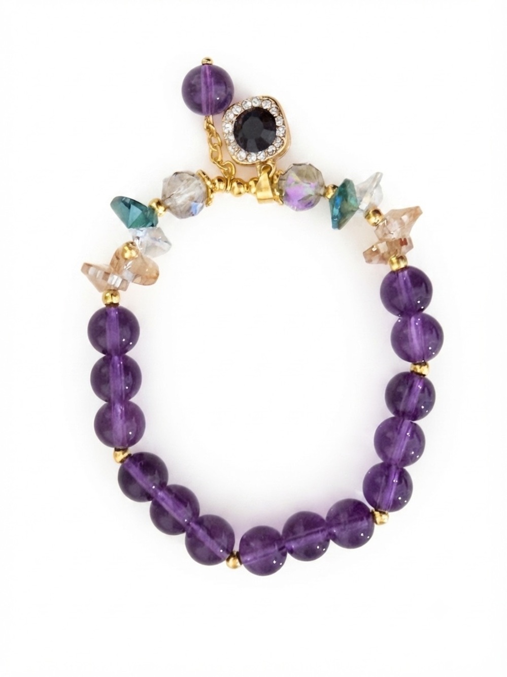 Purple Amethyst Bead Stretch Bracelet with Gold Accents